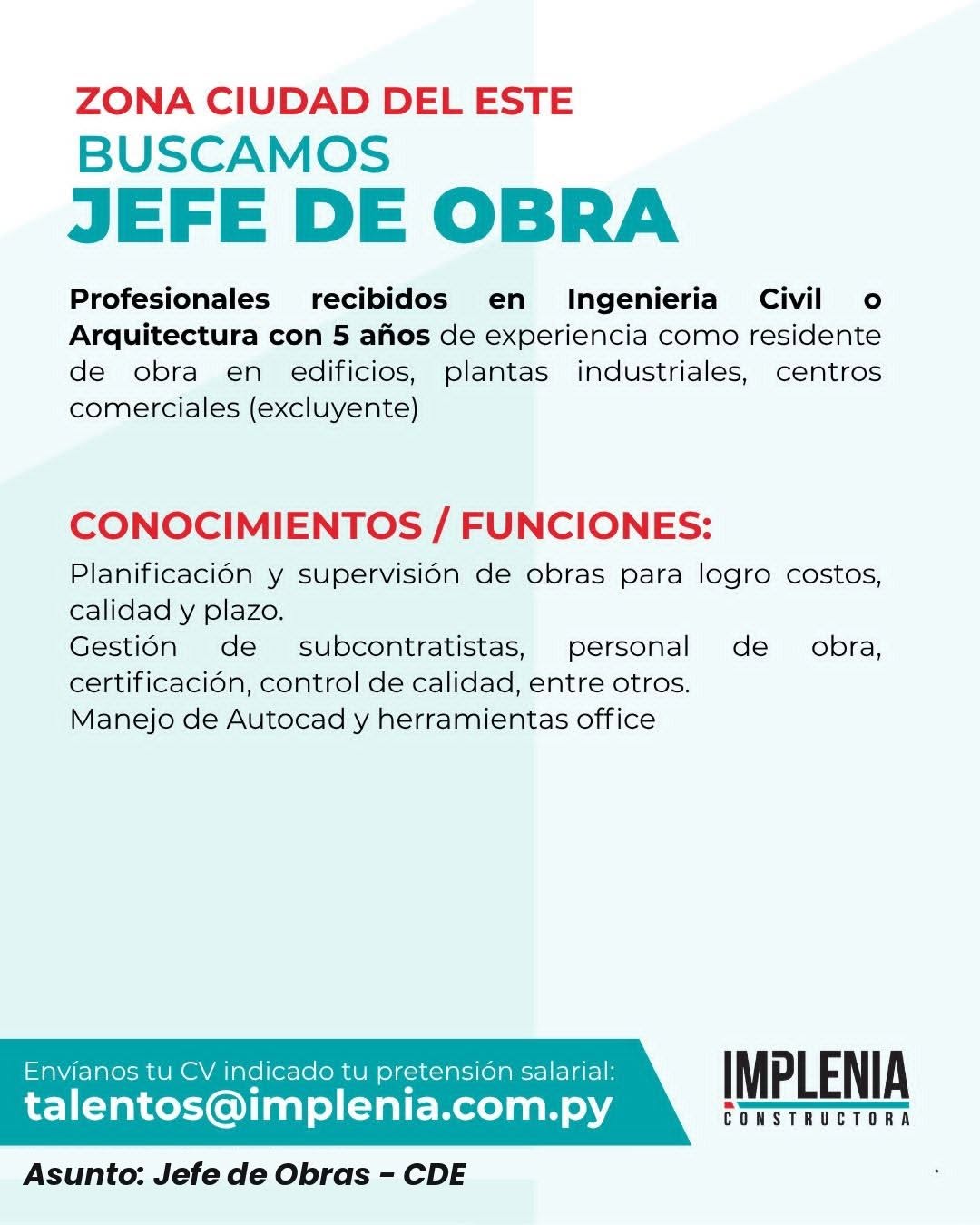 Oferta laboral: Jefe De Obra — Implenia