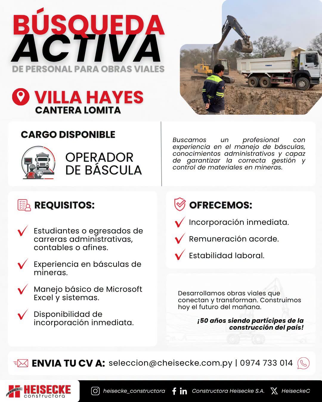 Oferta laboral: Operador De Báscula — Heisecke Constructora