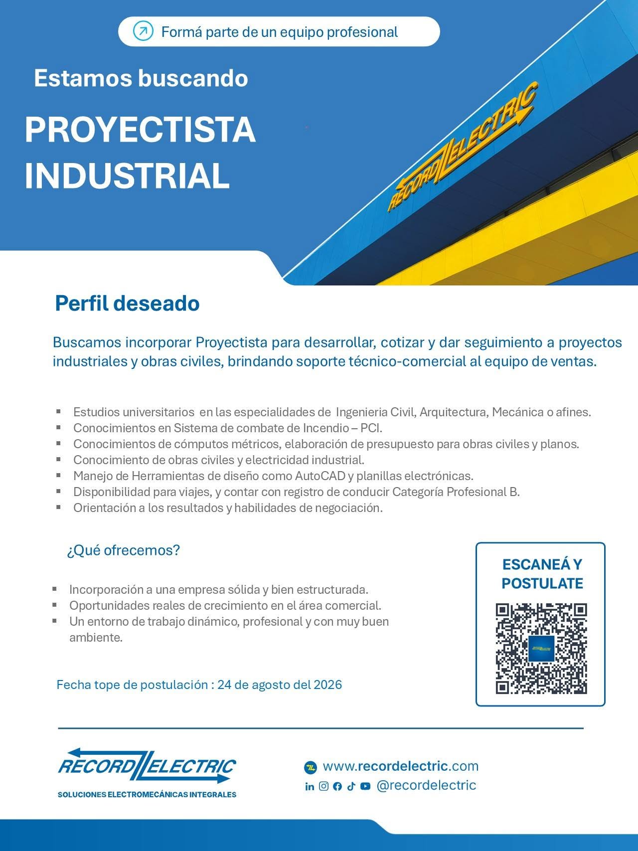 Oferta laboral: Proyectista Industrial — Record Electric