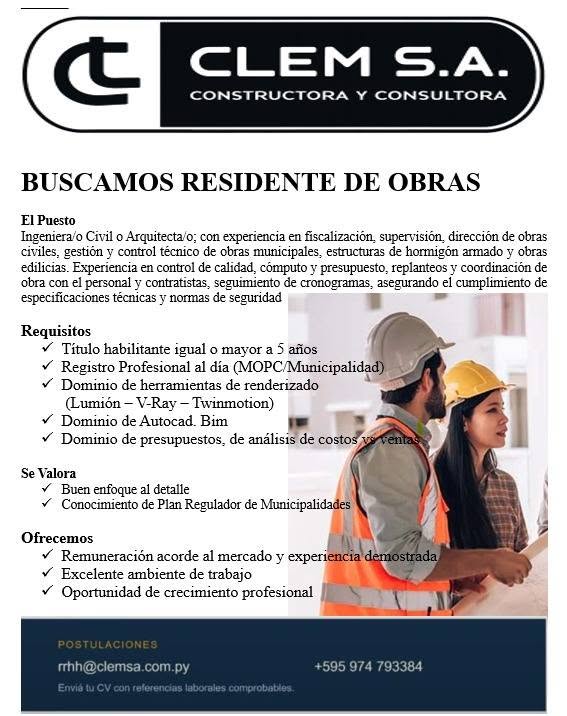 Oferta laboral: Residente De Obras — Clem S.A.