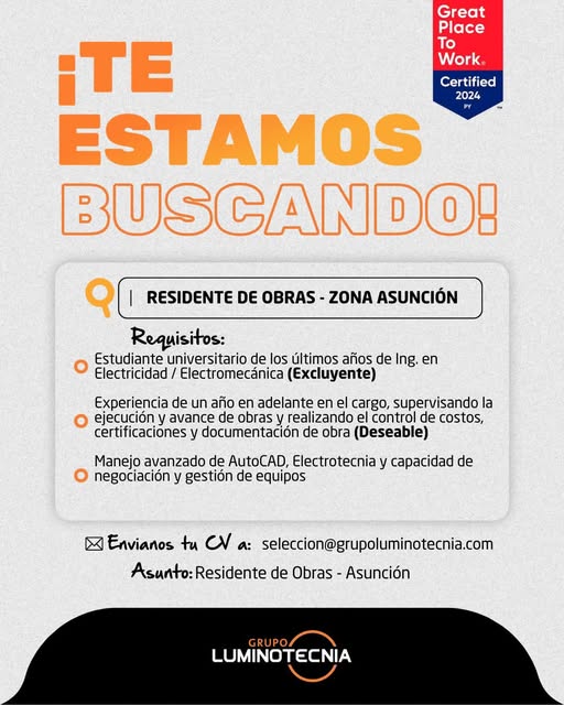 Oferta laboral: Residente De Obras — Grupo Luminotecnia