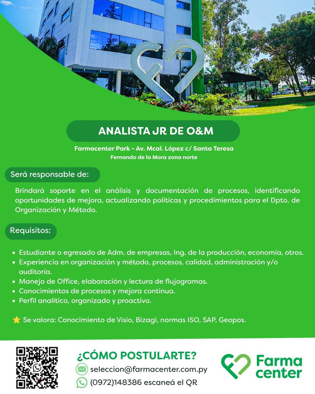 Oferta laboral: Analista Jr De O&M — FarmaCenter