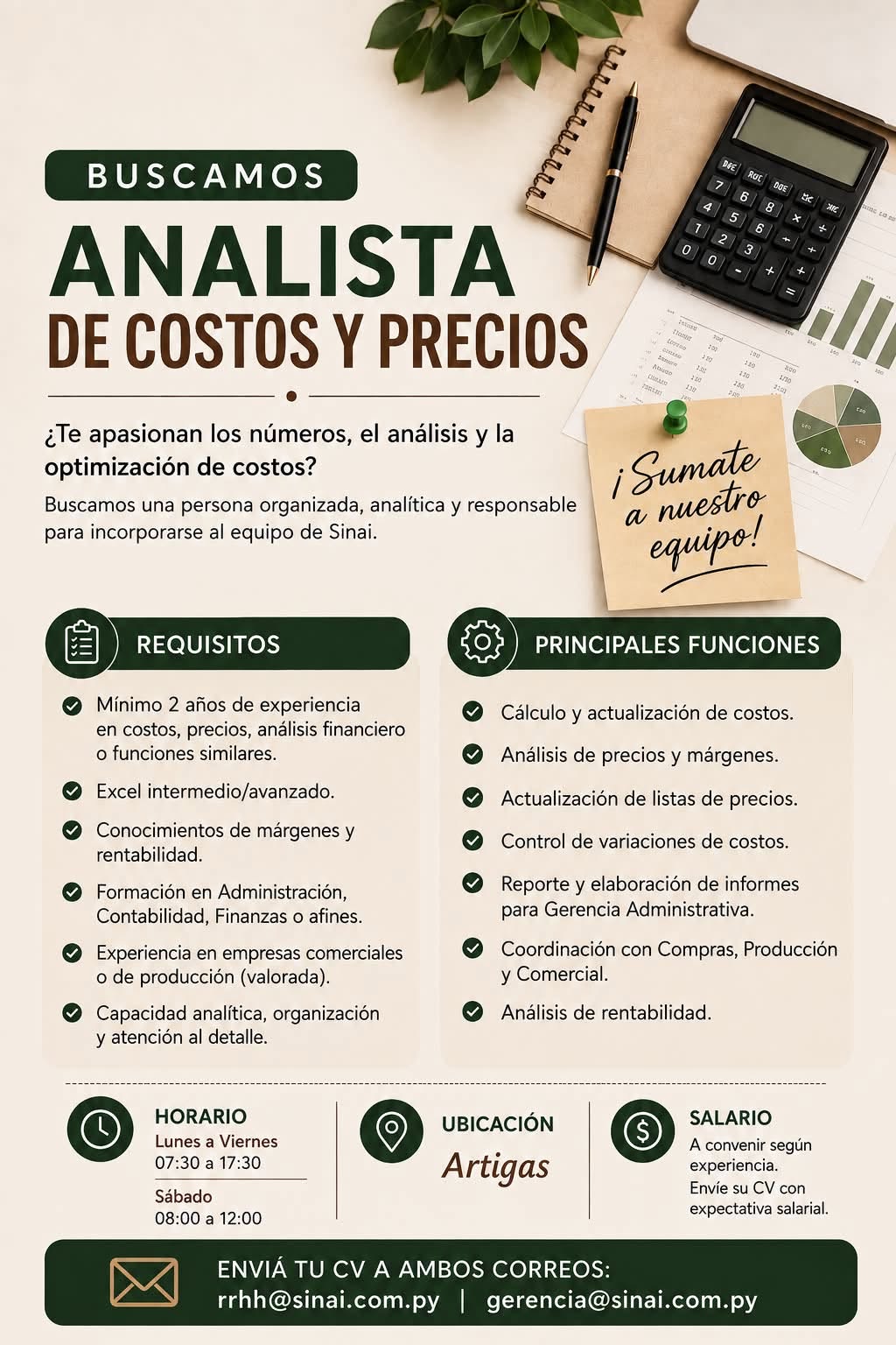 Oferta laboral: Analista De Costos Y Precios — Sinai