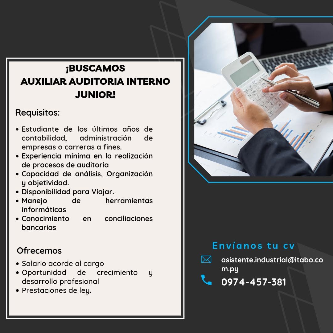 Oferta laboral: Auxiliar Auditoria Interno Junior — Itabo