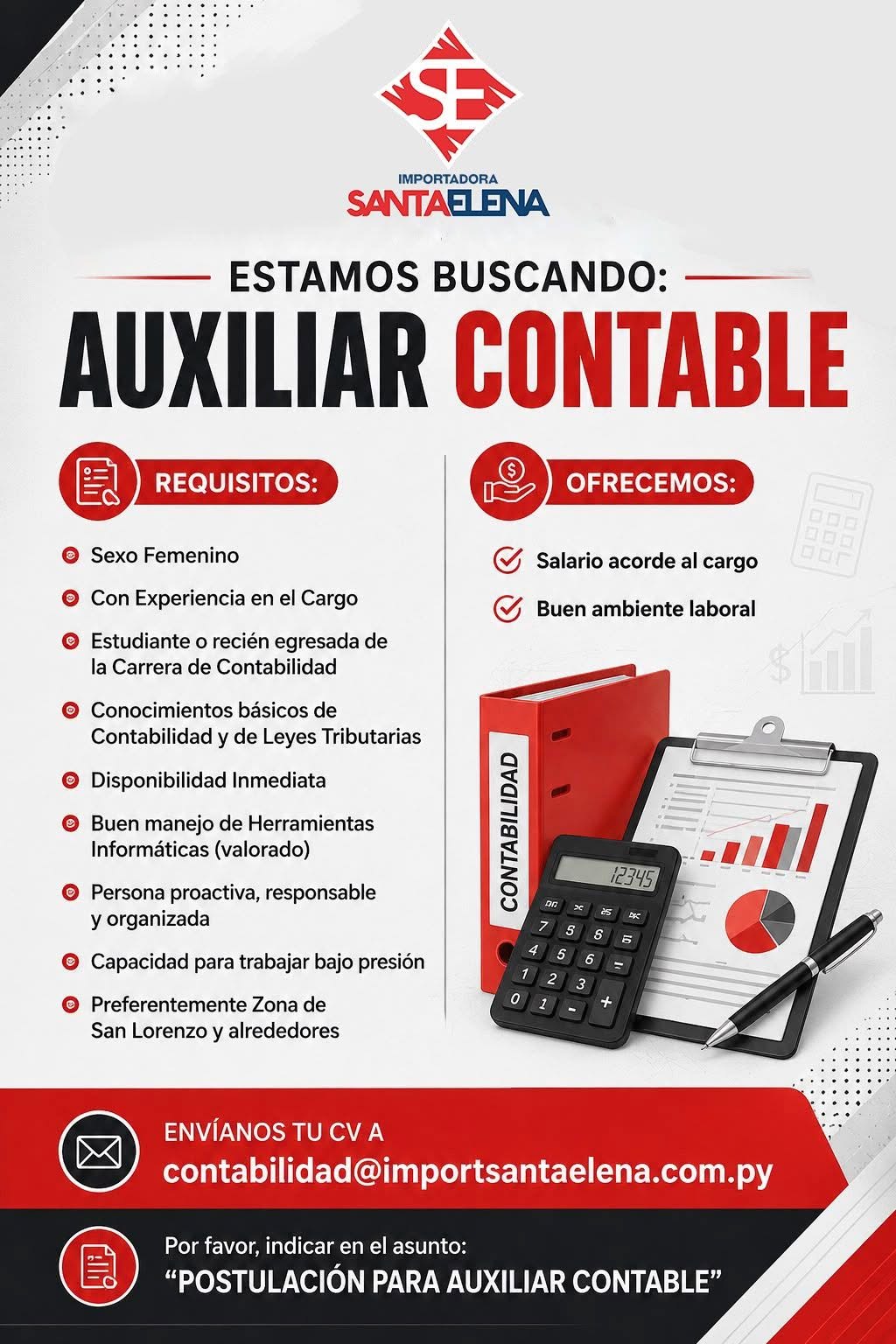 Oferta laboral: Auxiliar Contable — Import Santa Elena
