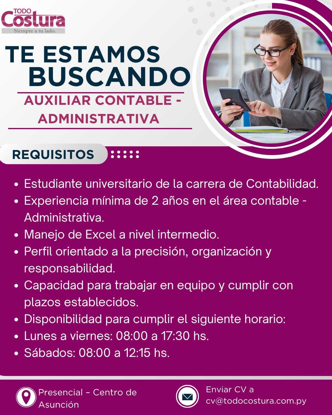 Oferta laboral: Auxiliar Contable Administrativa — Todo Costura