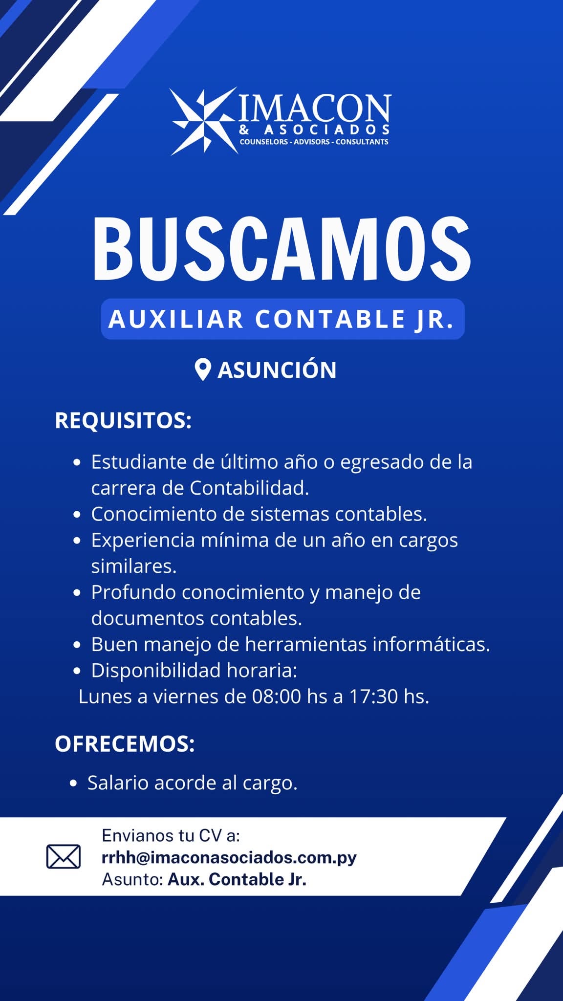 Oferta laboral: Auxiliar Contable Jr — Imacon & Asociados