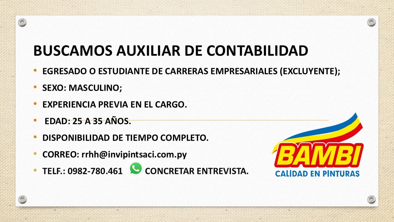 Oferta laboral: Auxiliar De Contabilidad — Bambi