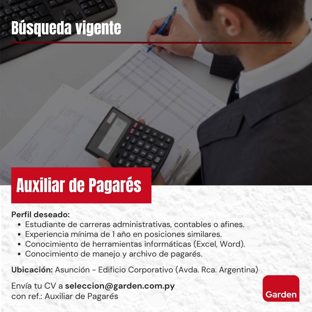 Oferta laboral: Auxiliar De Pagarés — Garden