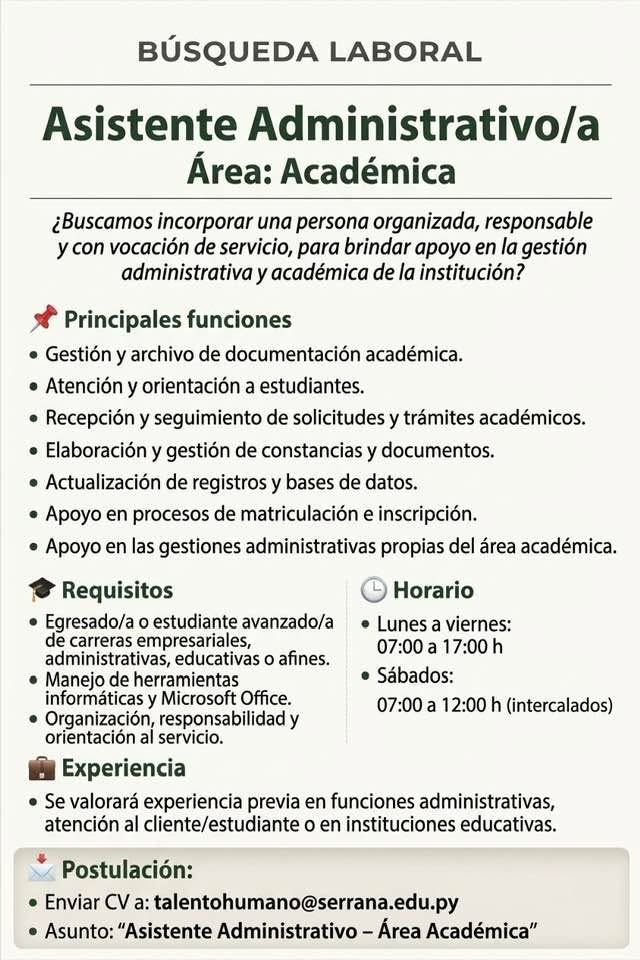 Oferta laboral: Asistente Administrativo — Serrana