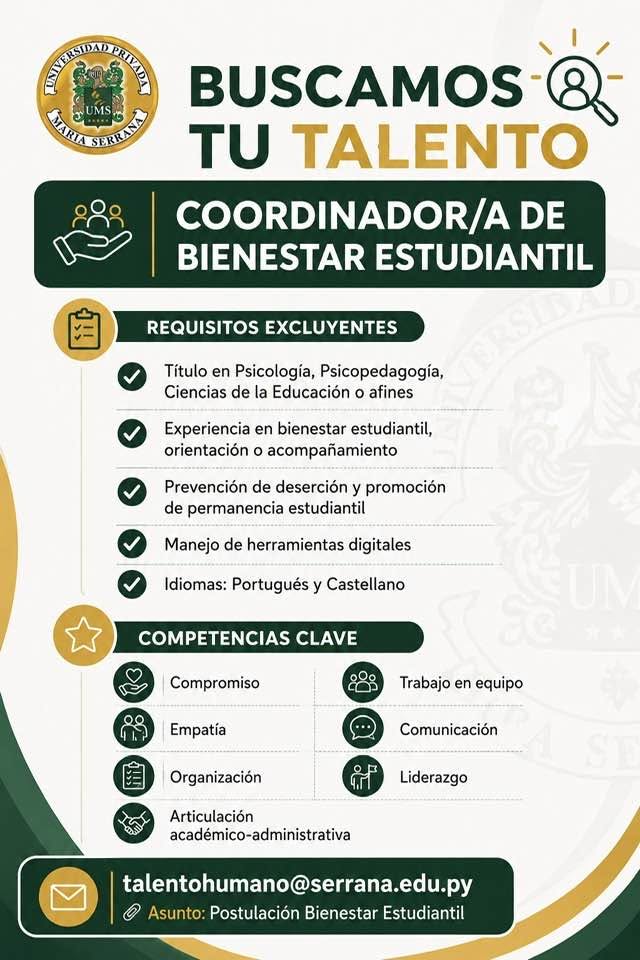 Oferta laboral: Coordinador De Bienestar Estudiantil — Universidad Serrana