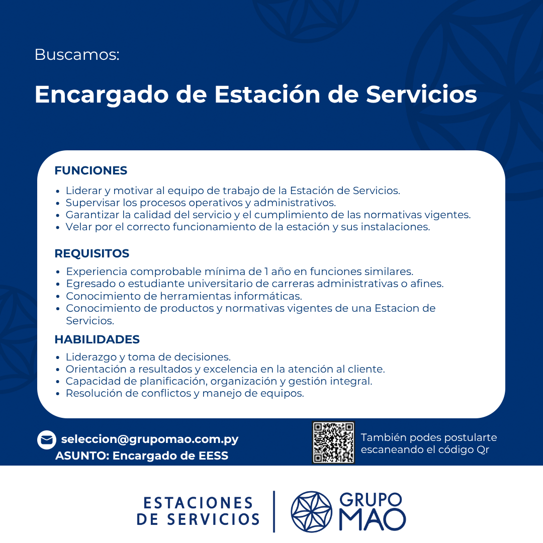 Oferta laboral: Encargado De Estación De Servicios — Grupo Mao