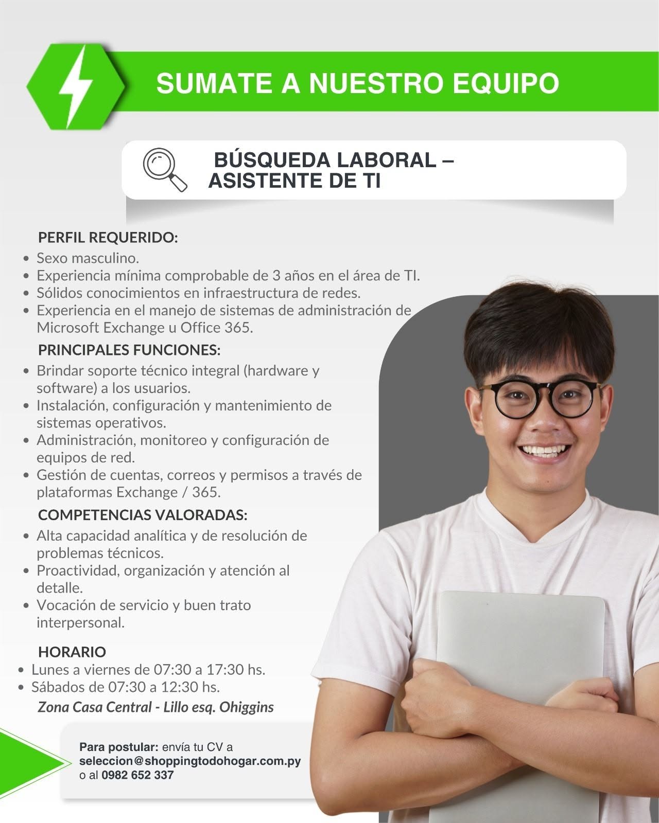 Oferta laboral: Asistente De TI — Shopping Todo Hogar