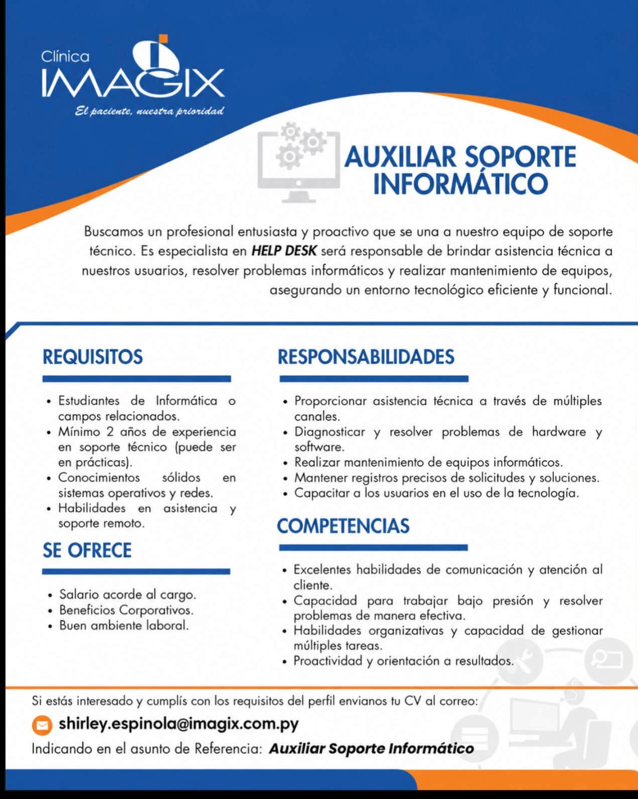 Oferta laboral: Auxiliar Soporte Informático — Imagix