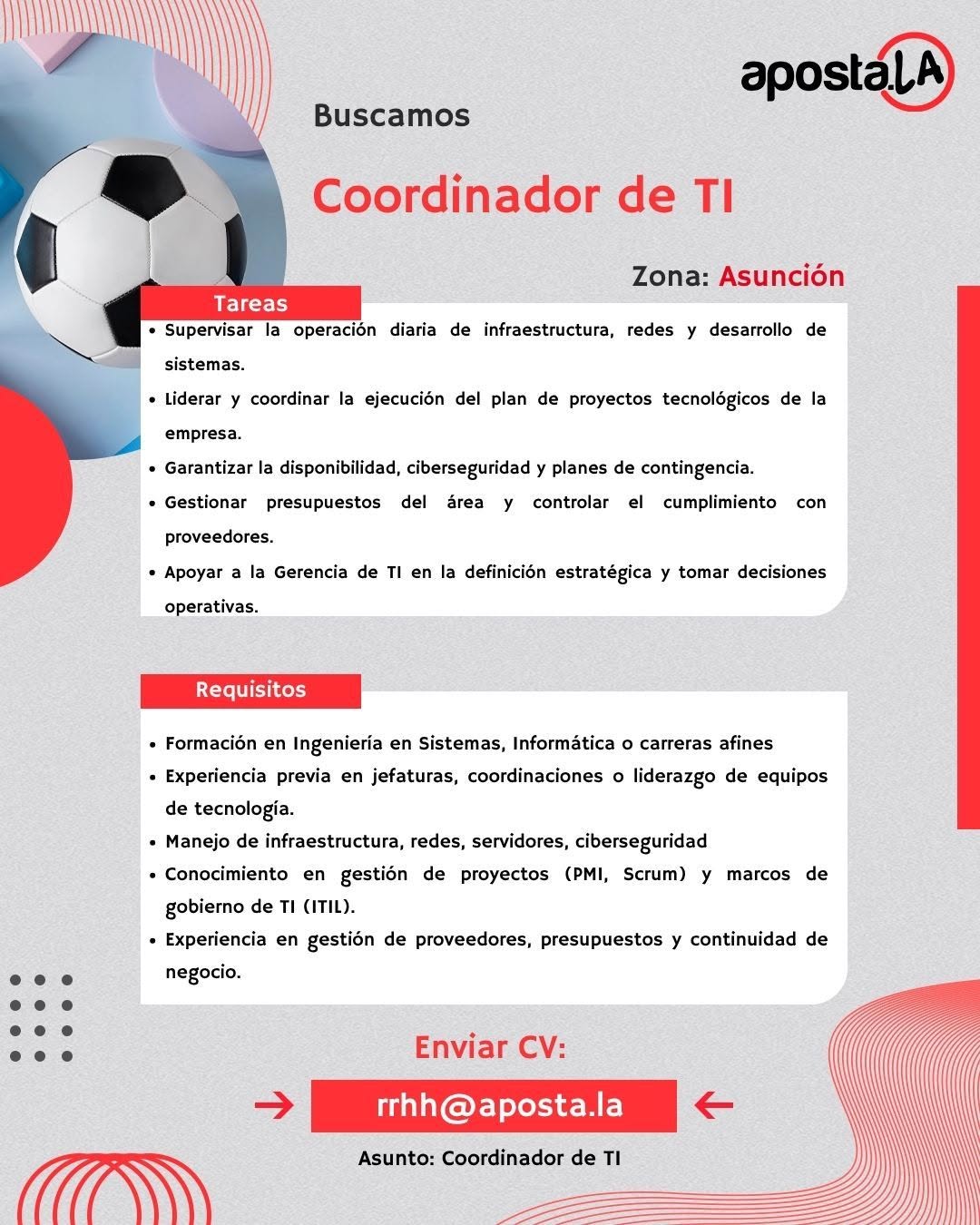 Oferta laboral: Coordinador De TI — ApostaLa