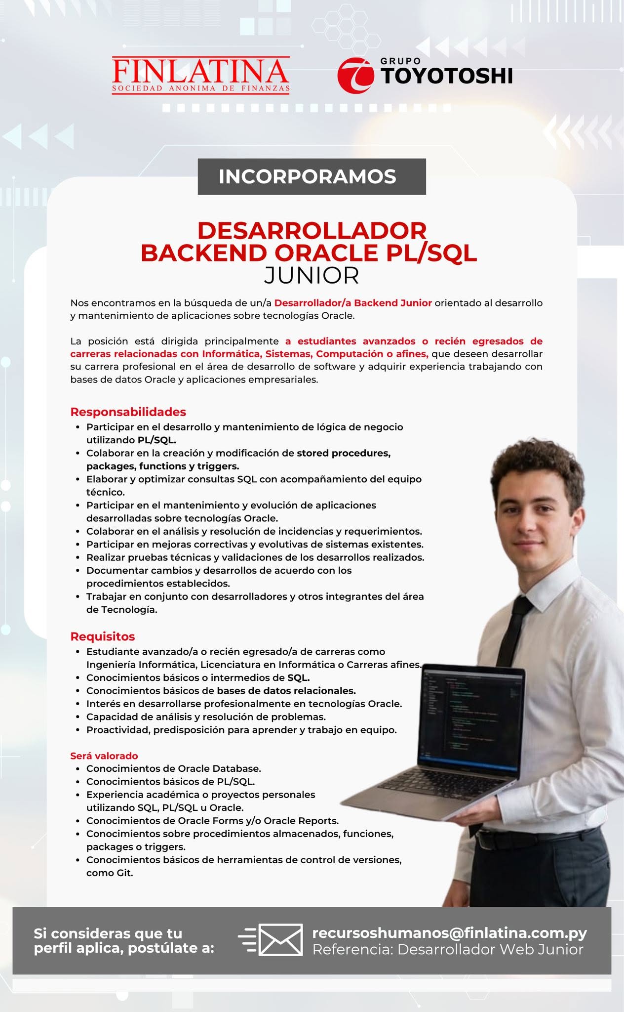 Oferta laboral: Desarrollador Backend Oracle PL SQL — Finlatina