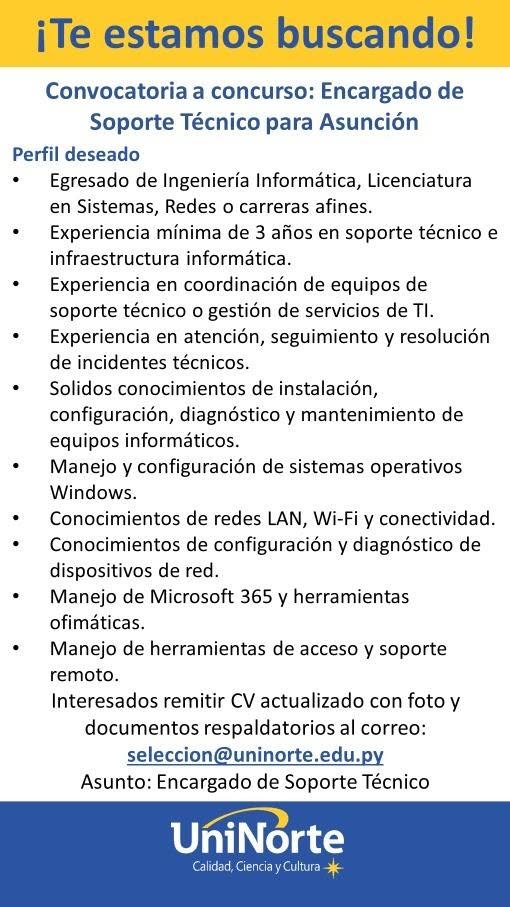 Oferta laboral: Encargado De Soporte Tècnico — Uninorte