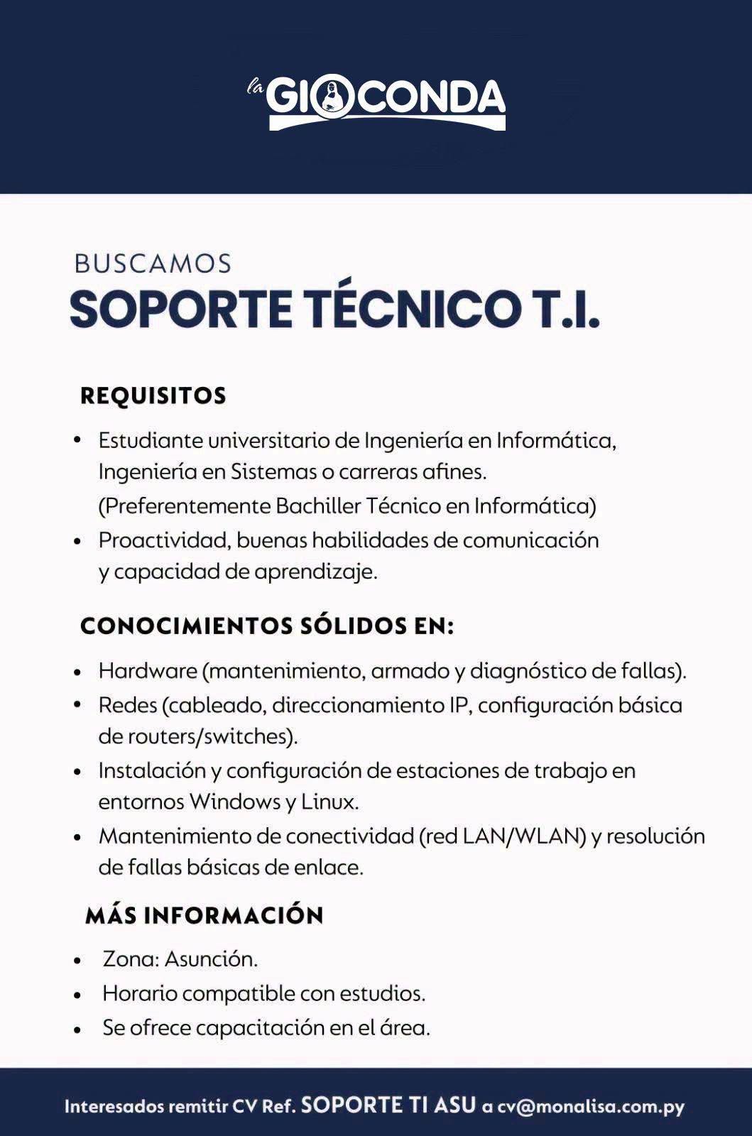 Oferta laboral: Soporte Técnico T.I. — Monalisa
