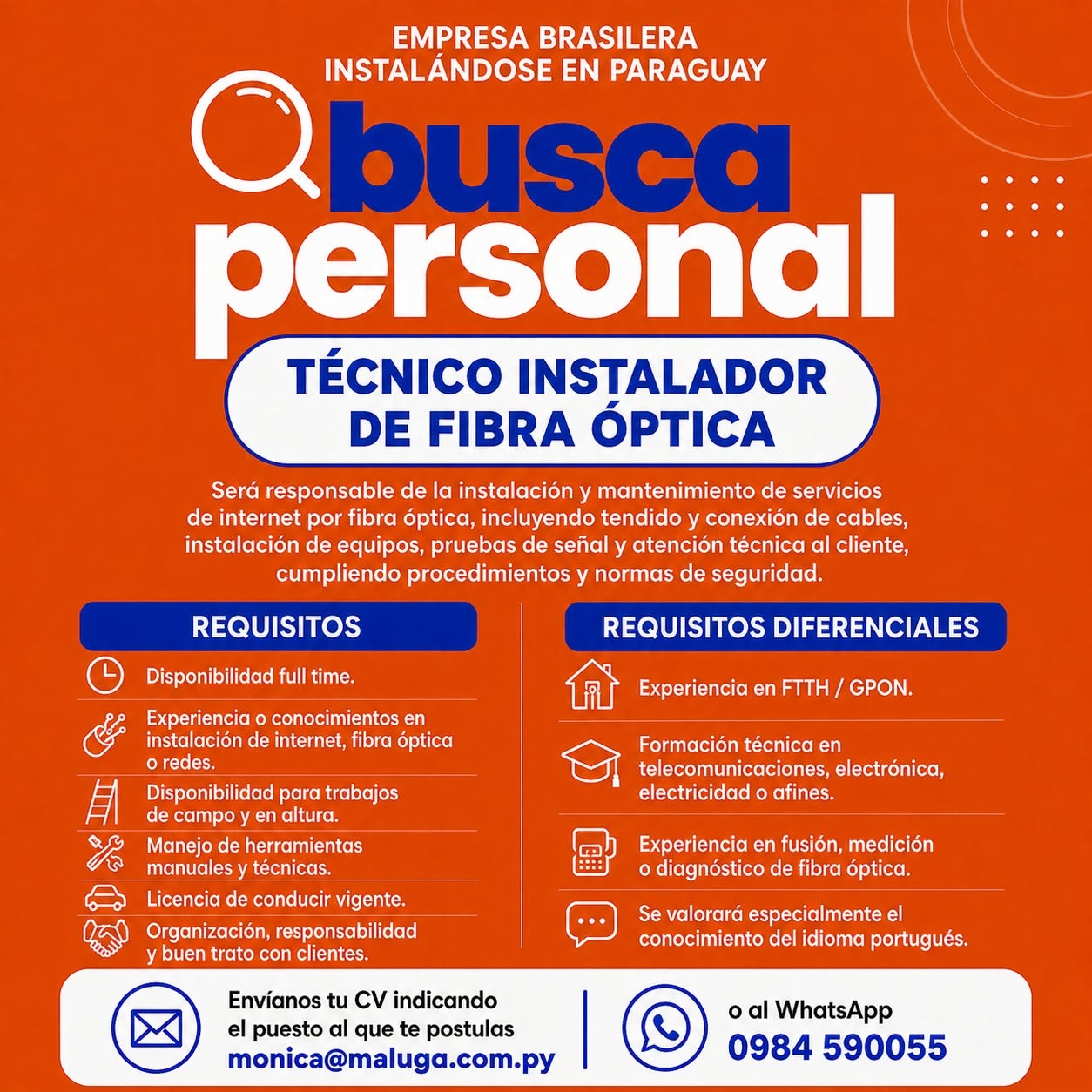 Oferta laboral: Técnico Instalador De Fibra Óptica — Maluga