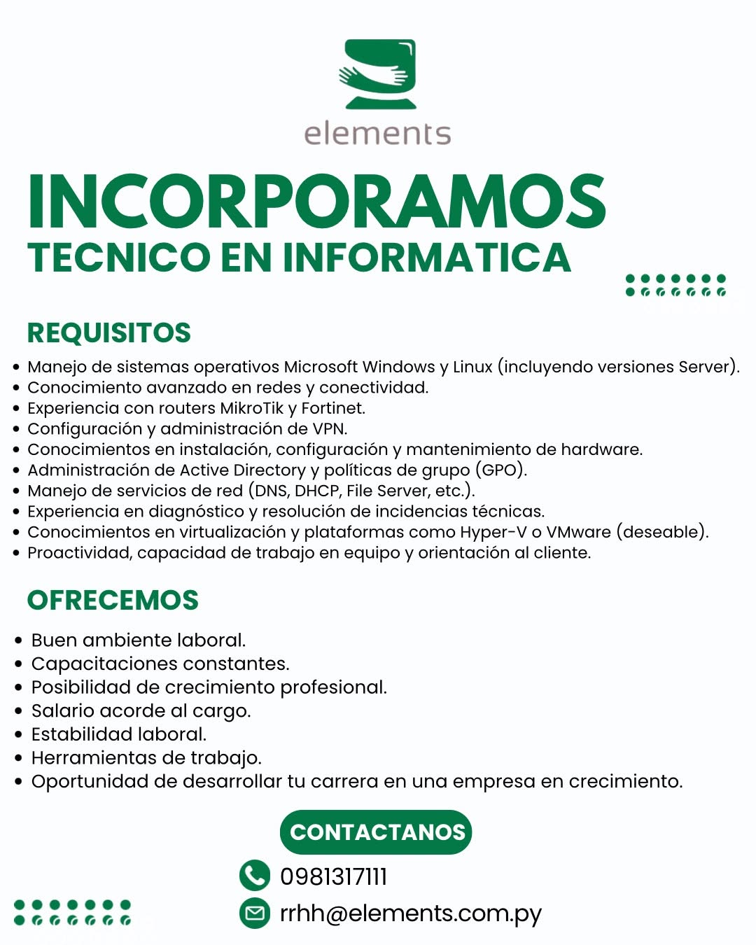 Oferta laboral: Técnico En Informática — Elements