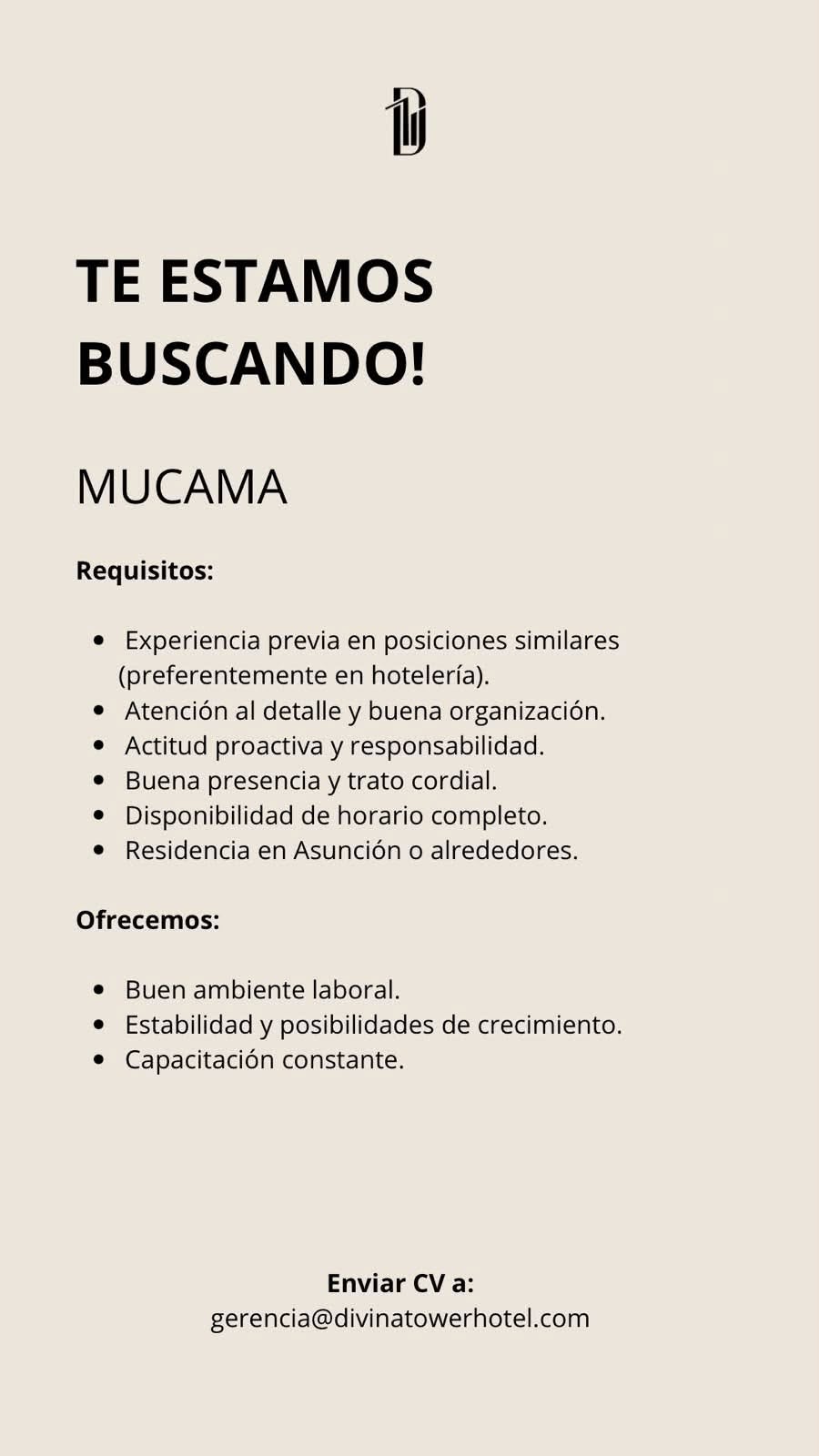 Oferta laboral: Mucama — Divina Tower Hotel