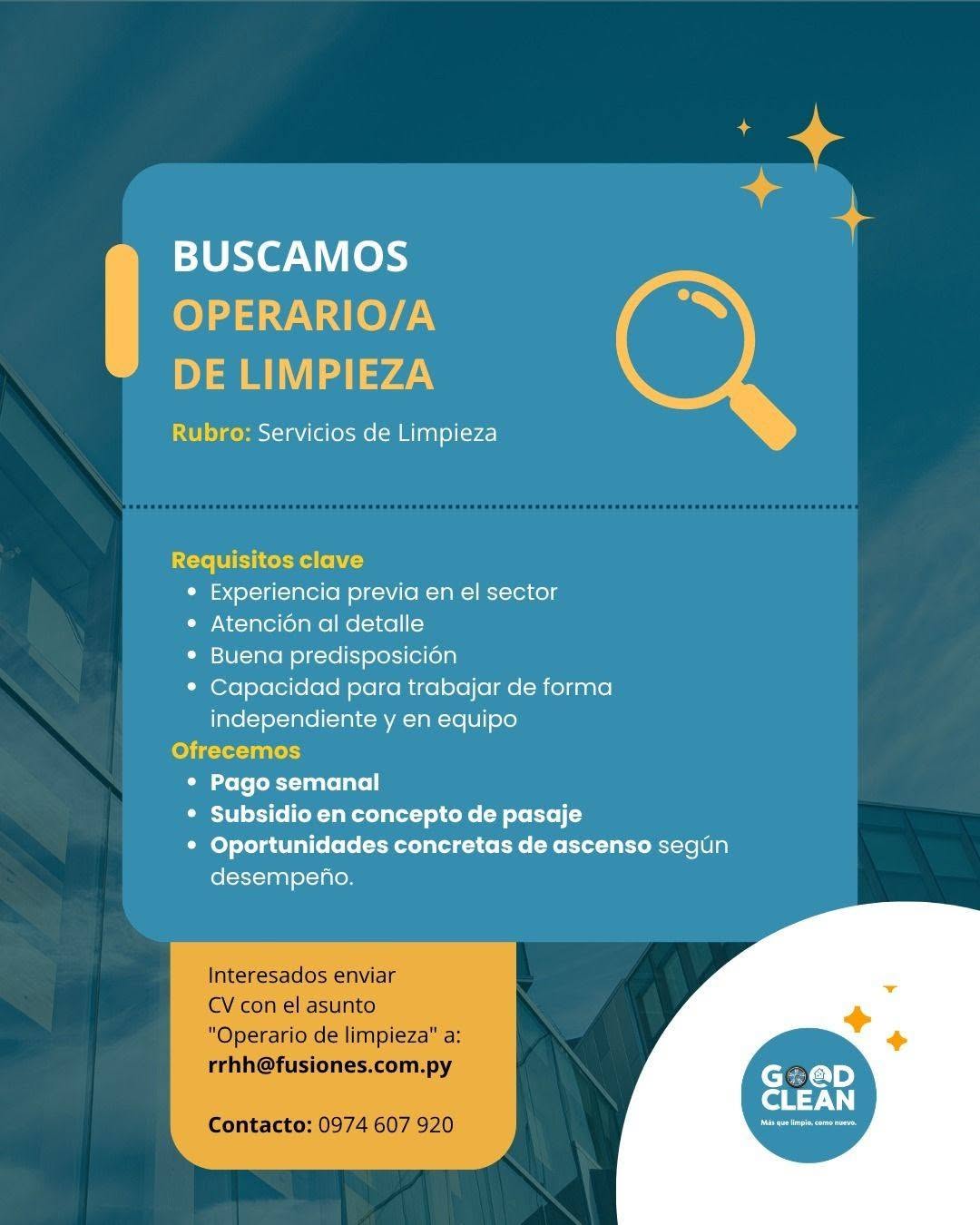 Oferta laboral: Operario De Limpieza — Fusiones