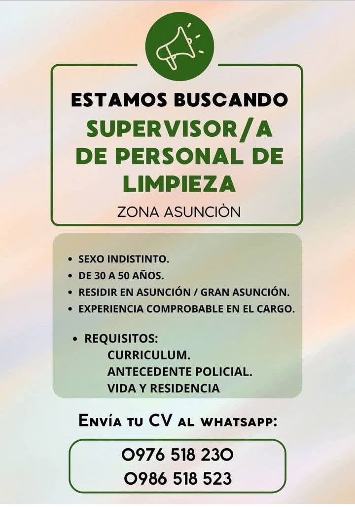 Oferta laboral: Supervisor De Personal De Limpieza