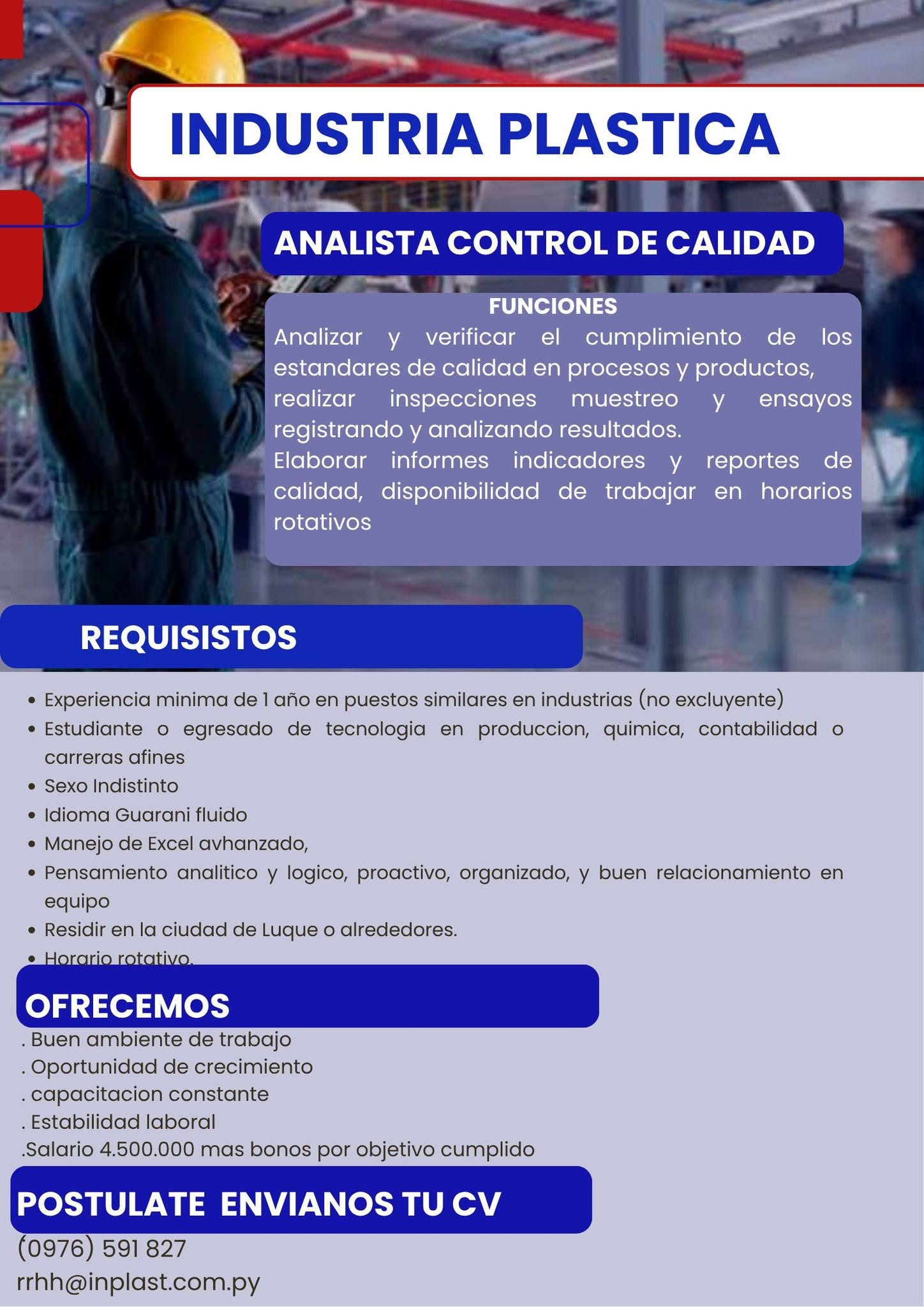Oferta laboral: Analista Control De Calidad — Inplast