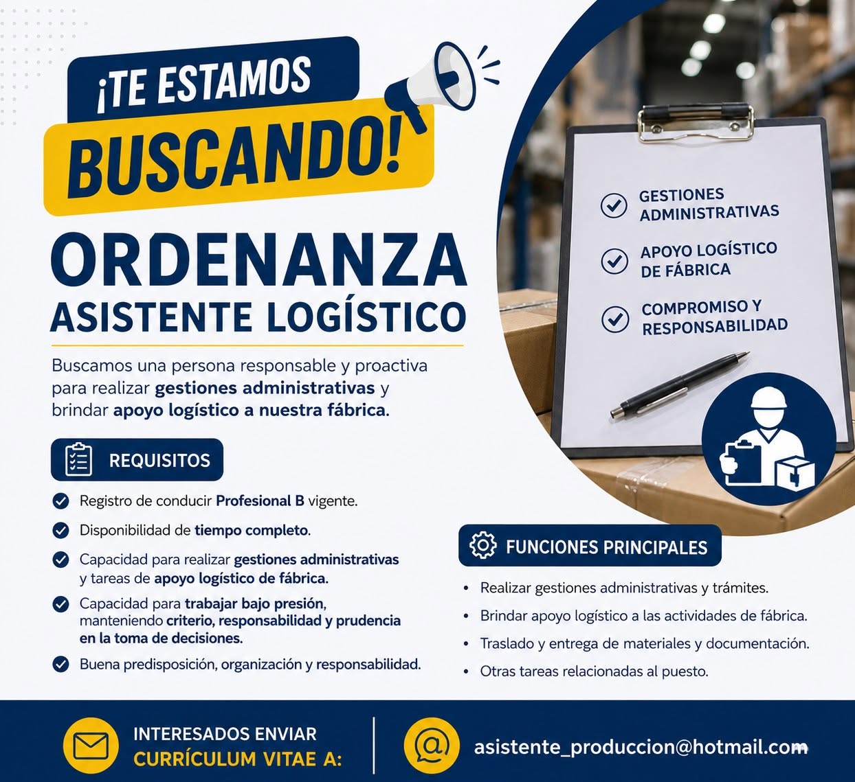Oferta laboral: Asistente Logístico