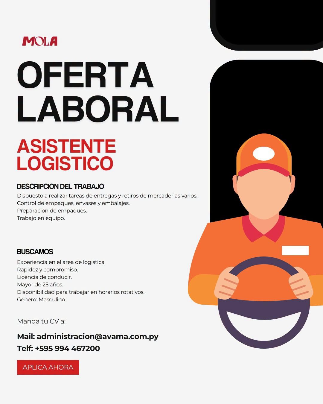 Oferta laboral: Asistente Logistico — Avama