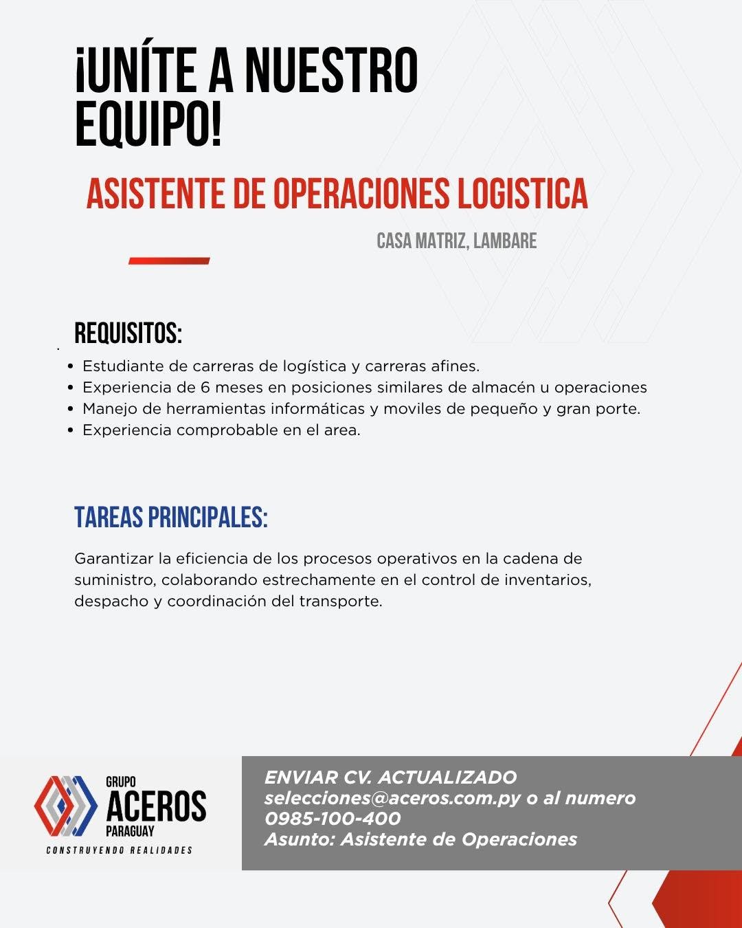 Oferta laboral: Asistente De Operaciones Logistica — Aceros