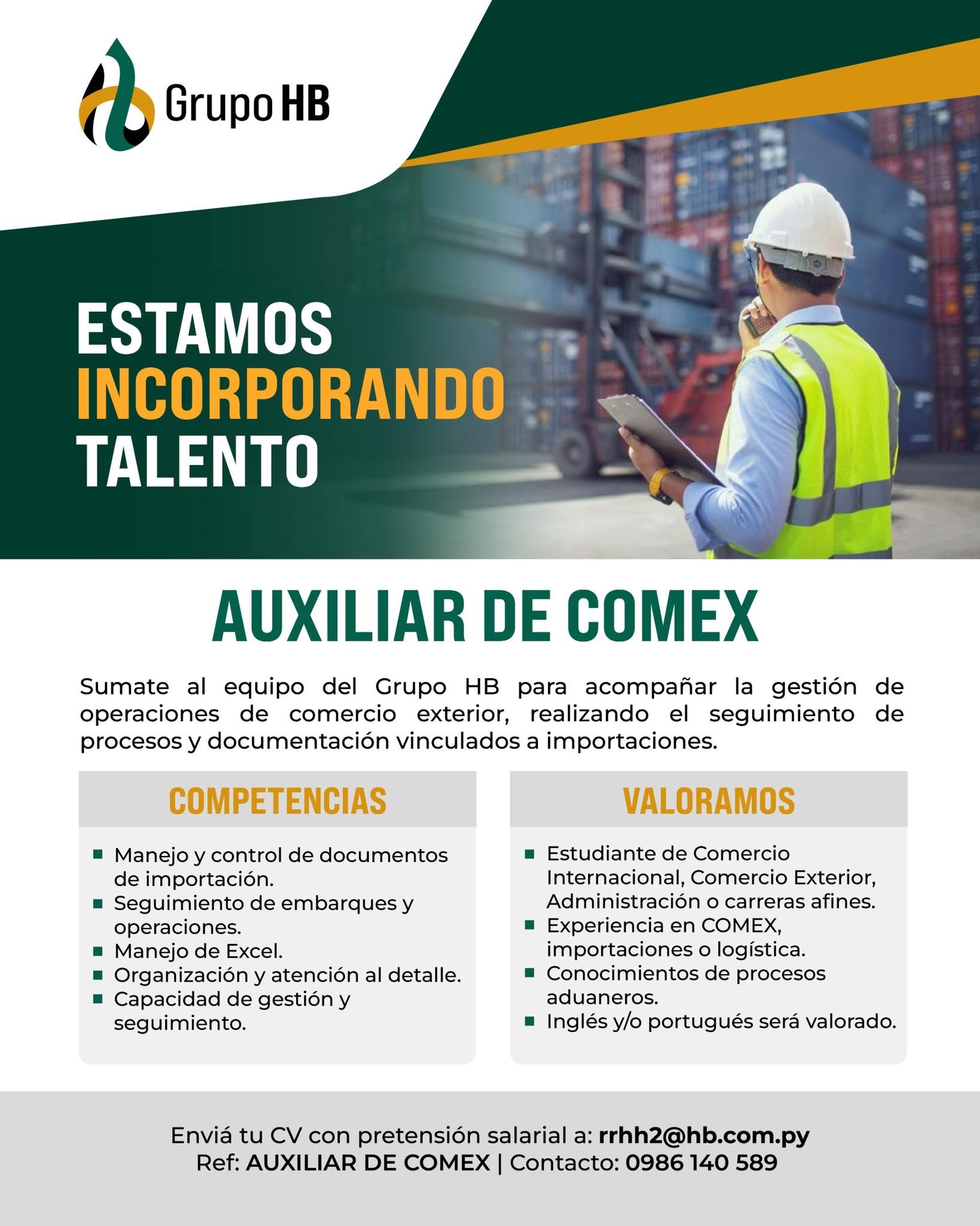 Oferta laboral: Auxiliar De Comex — Grupo HB