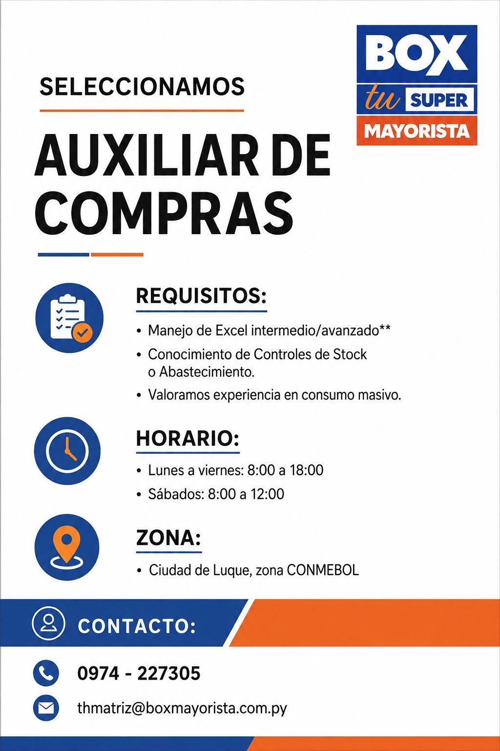 Oferta laboral: Auxiliar De Compras — Box Mayorista