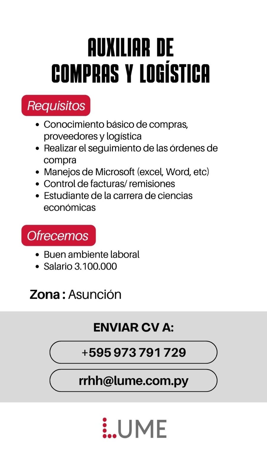 Oferta laboral: Auxiliar De Compras Y Logística — Lume