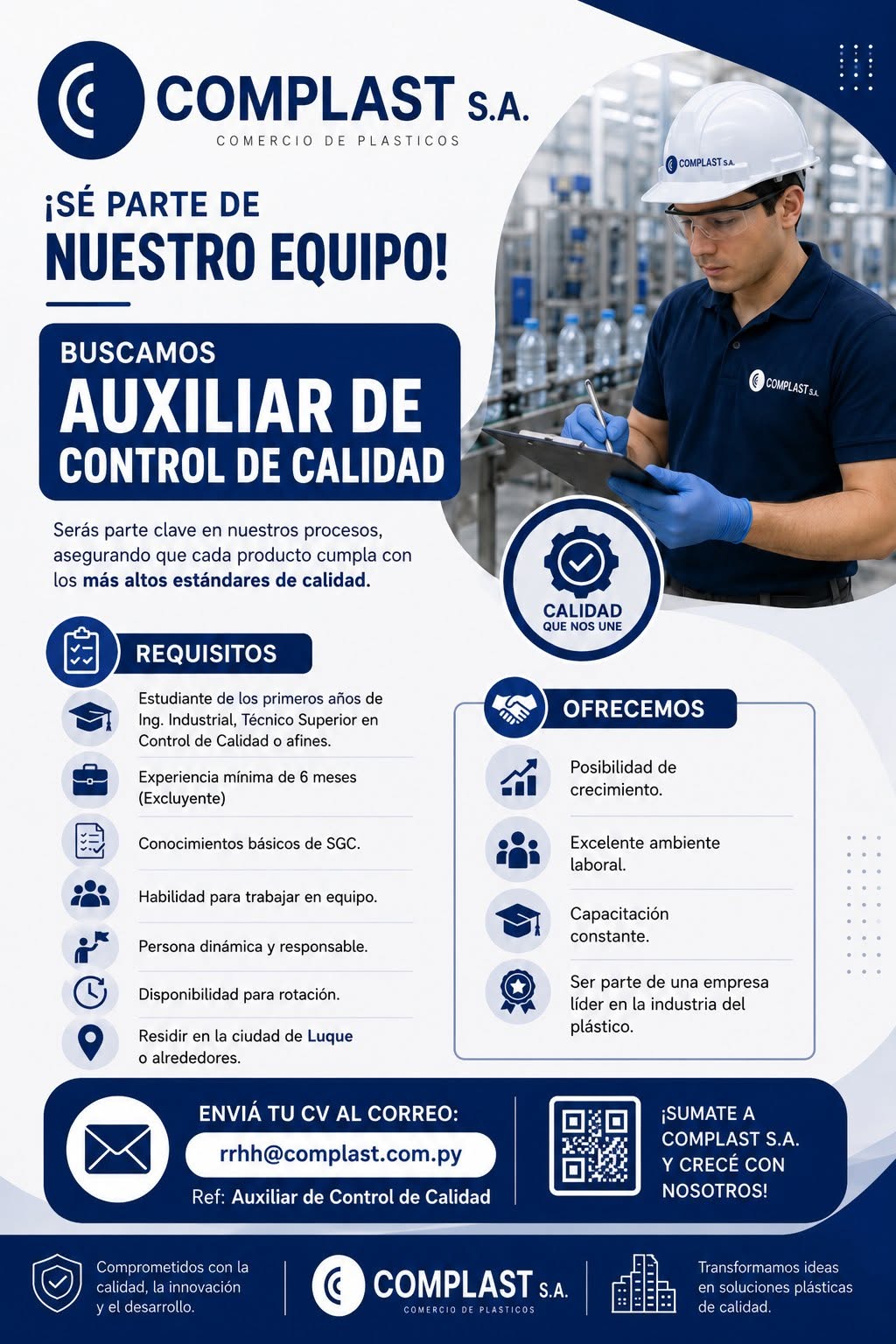 Oferta laboral: Auxiliar De Control De Calidad — Complast