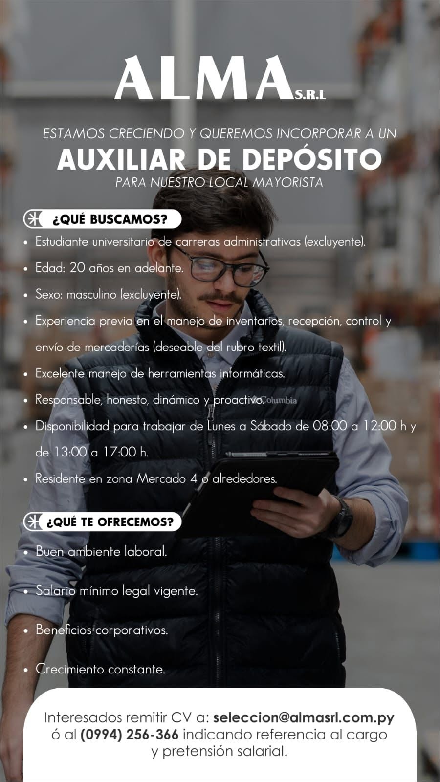 Oferta laboral: Auxiliar De Depósito — Alma SRL