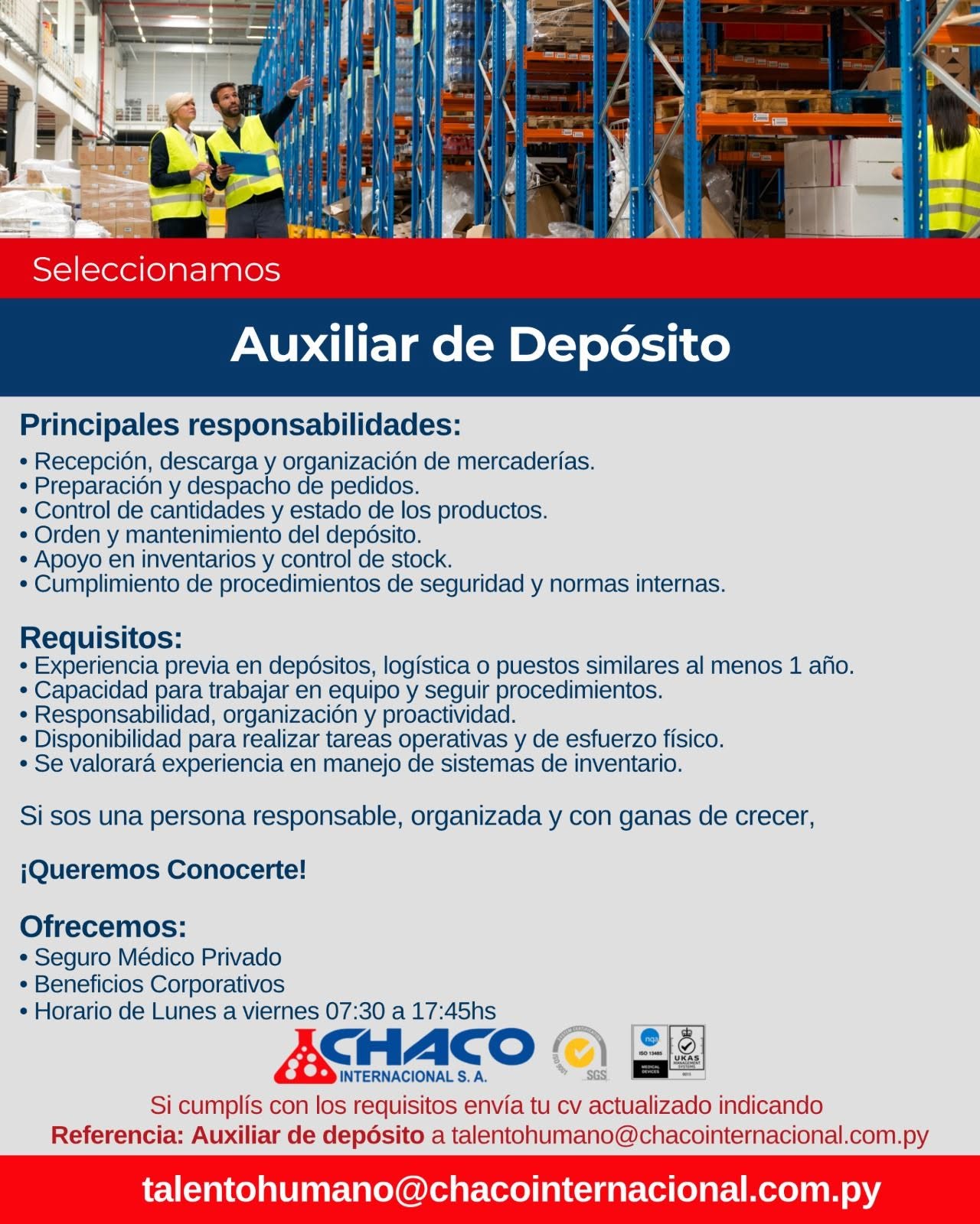 Oferta laboral: Auxiliar De Depósito — Chaco Internacional