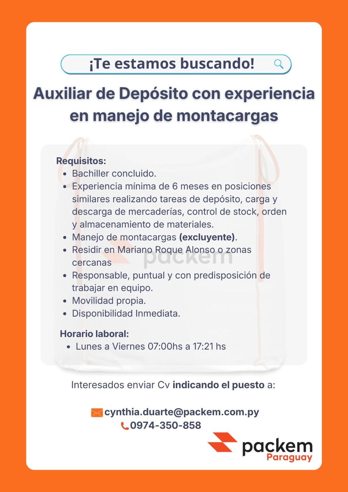 Oferta laboral: Auxiliar De Depósito — Packem