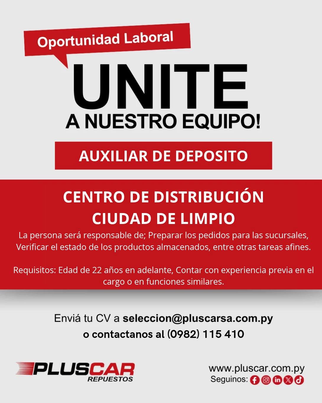 Oferta laboral: Auxiliar De Depósito — Pluscar SA