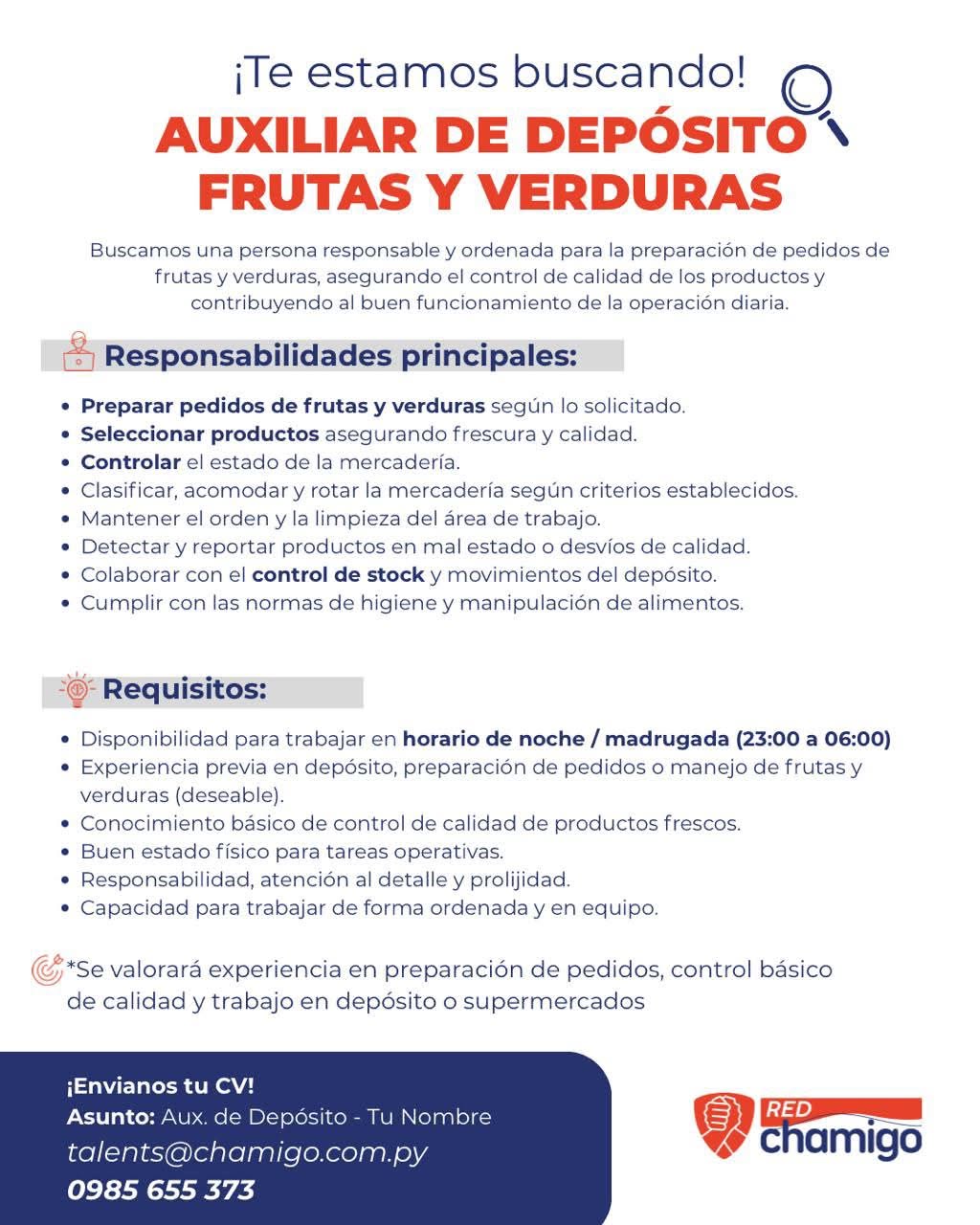 Oferta laboral: Auxiliar De Depósito Frutas Y Verduras — Chamigo