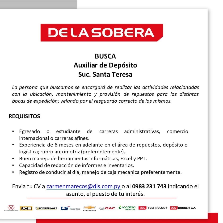 Oferta laboral: Auxiliar De Deposito — De La Sobera