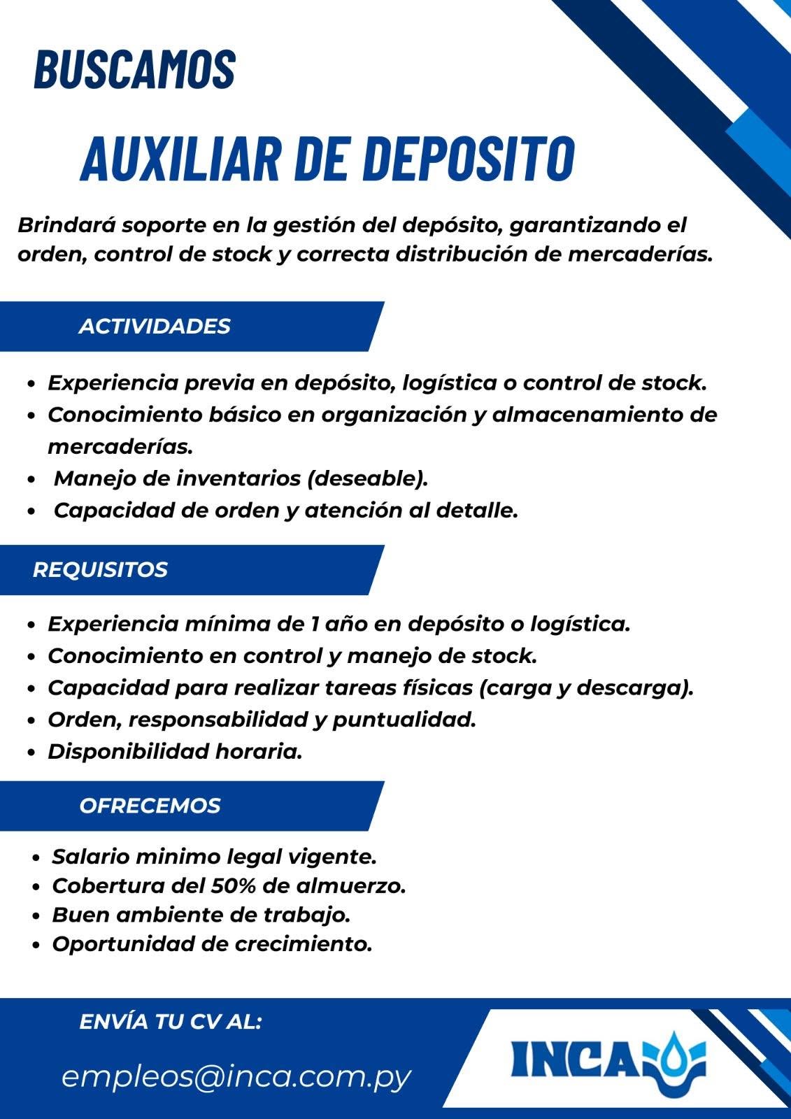 Oferta laboral: Auxiliar De Deposito — Inca