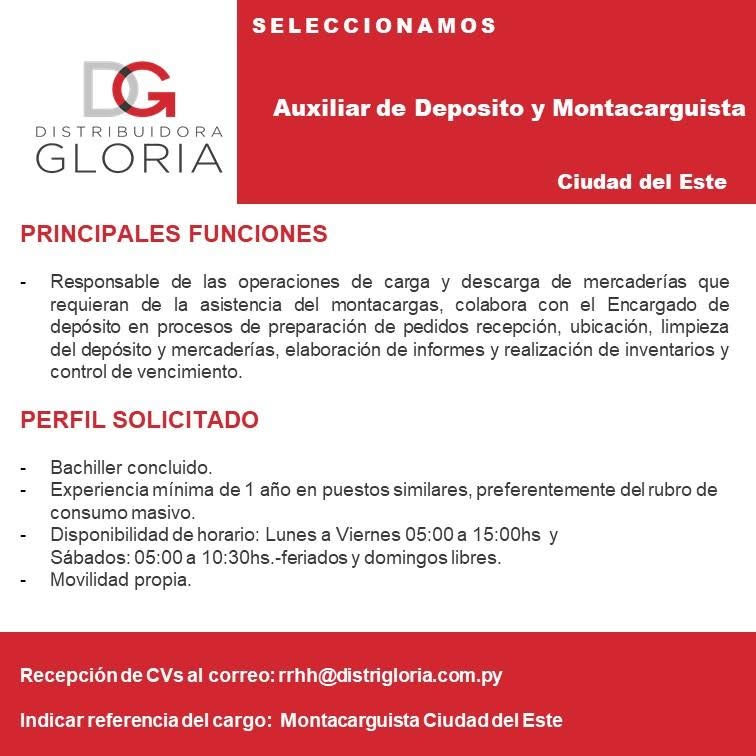 Oferta laboral: Auxiliar De Deposito Y Montacarguista — Distrigloria