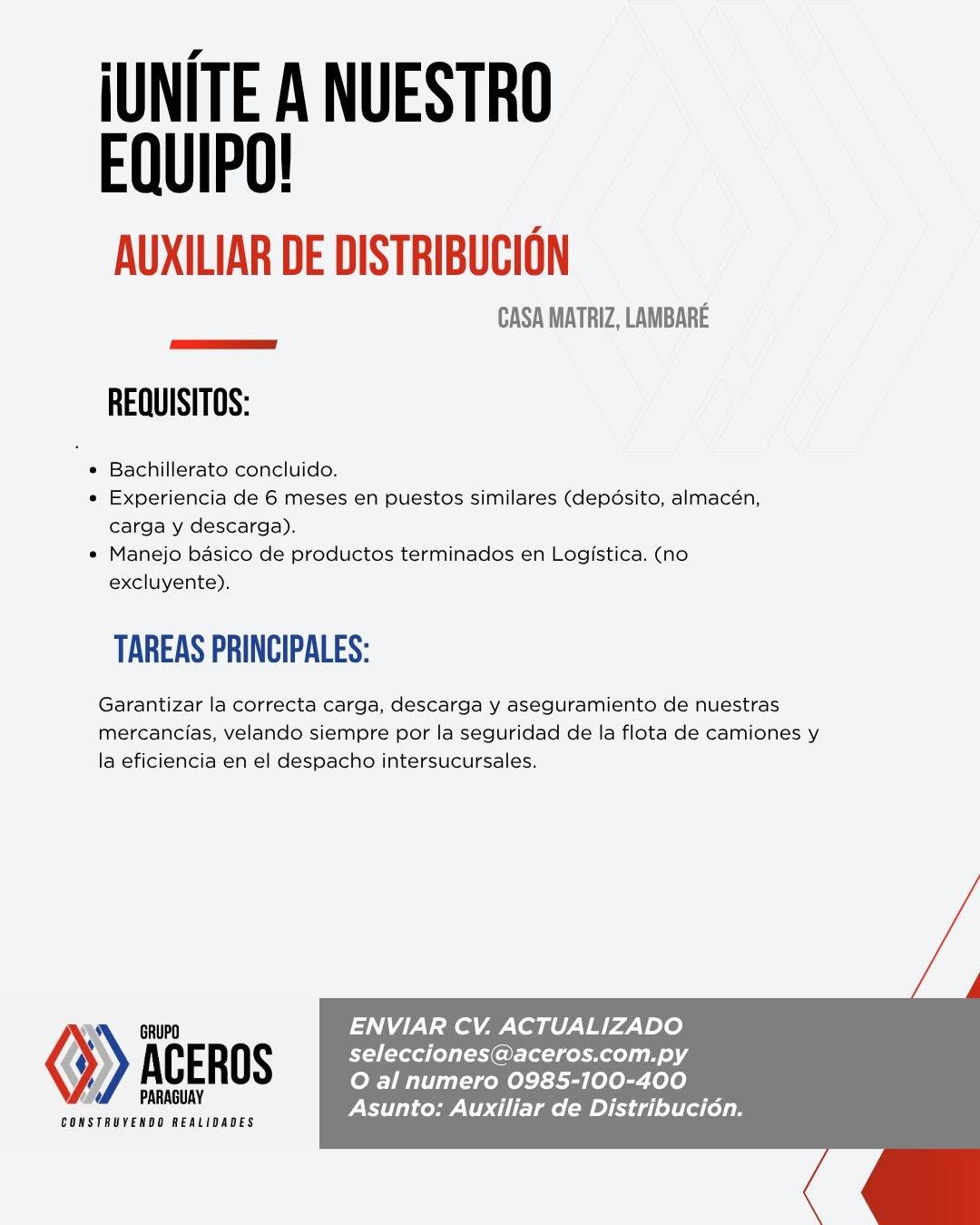 Oferta laboral: Auxiliar De Distribución — Grupo Aceros
