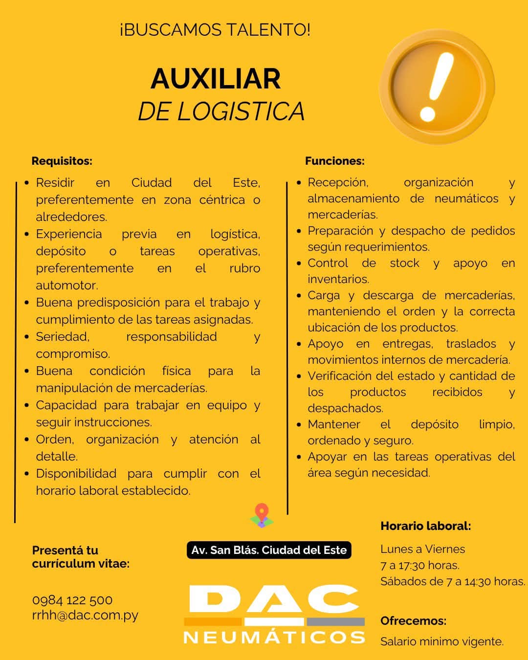 Oferta laboral: Auxiliar De Logistica — DAC Neumáticos