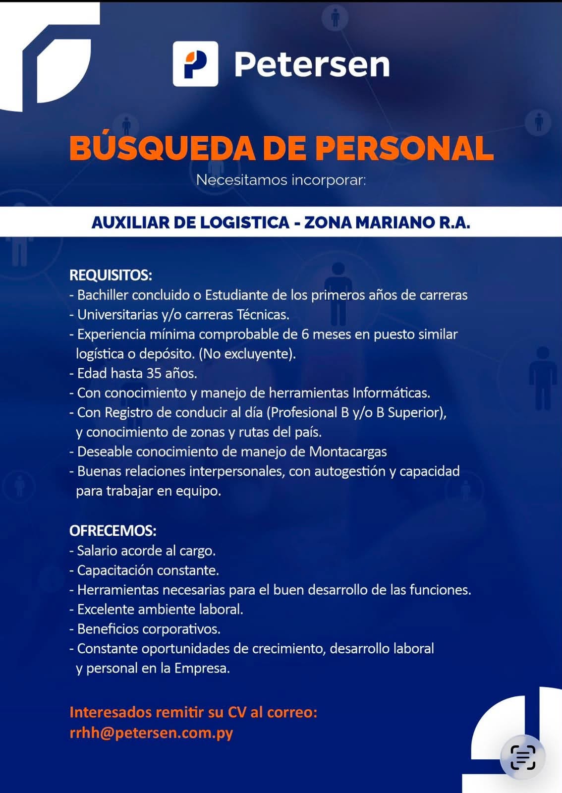 Oferta laboral: Auxiliar De Logistica — Petersen