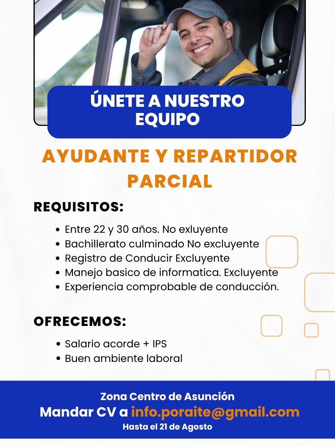 Oferta laboral: Ayudante Y Repartidor Parcial