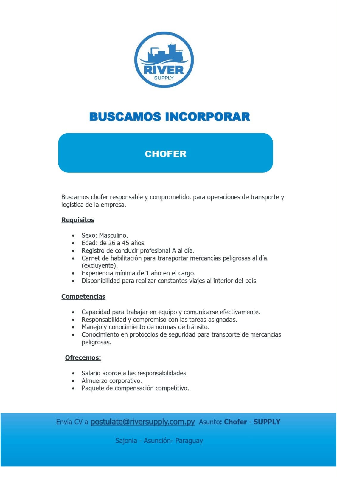 Oferta laboral: Chófer — River Suppy