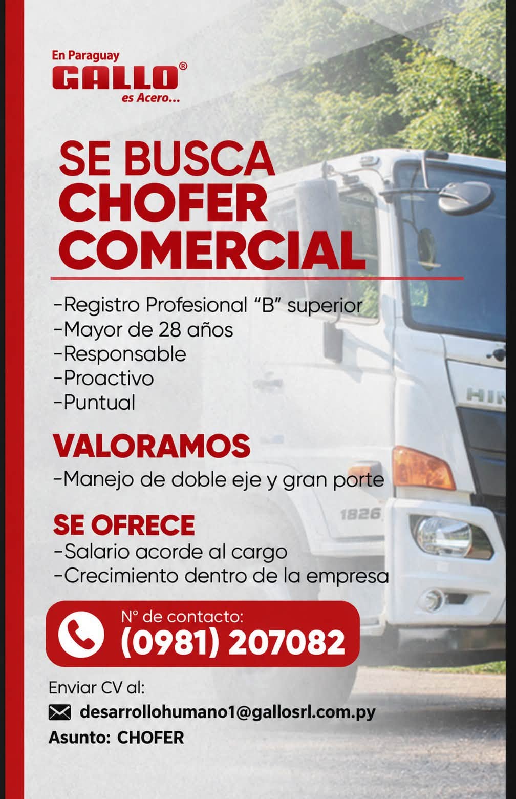 Oferta laboral: Chófer Comercial — Gallo SRL