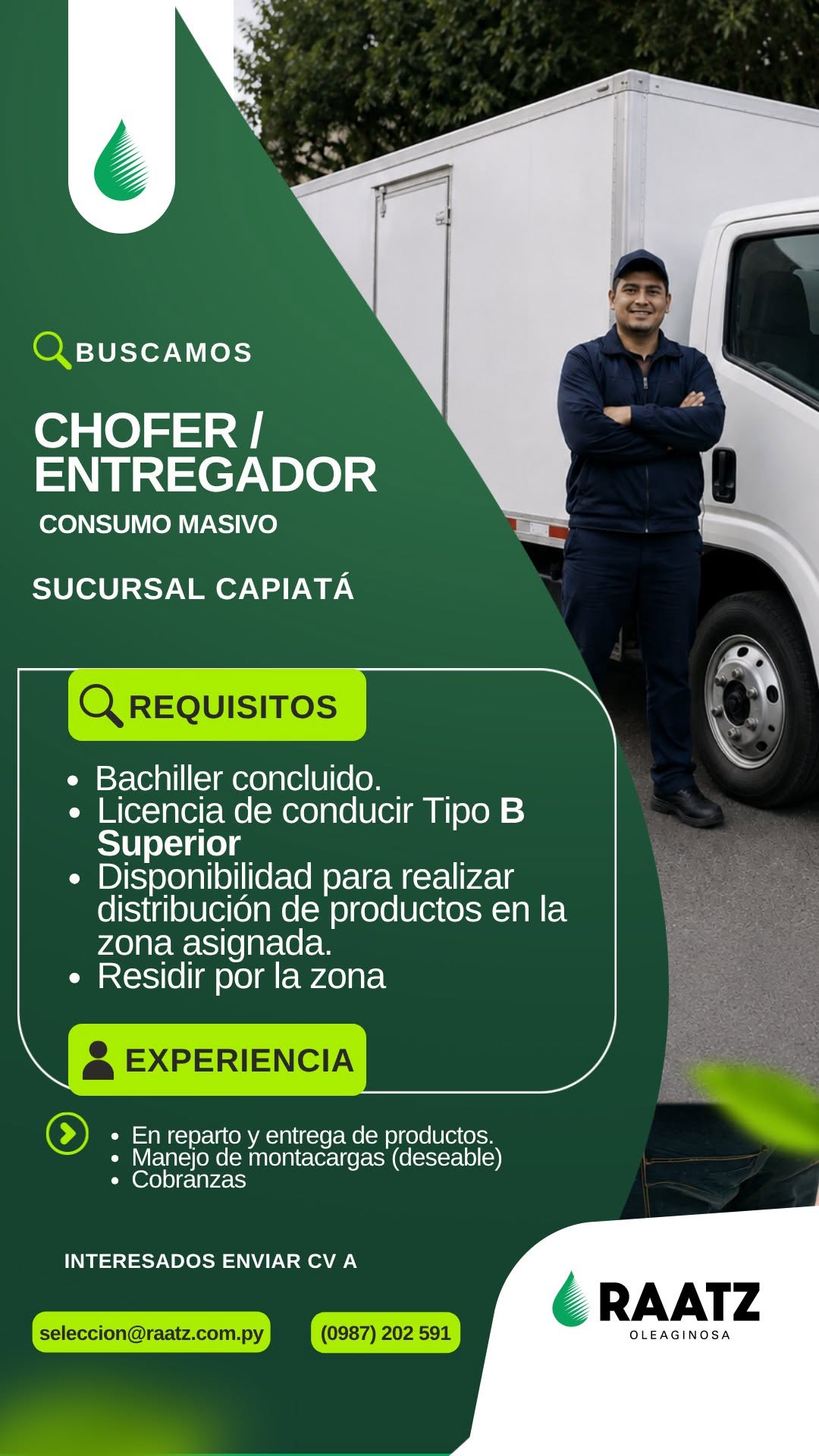 Oferta laboral: Chófer Entregador — Raatz